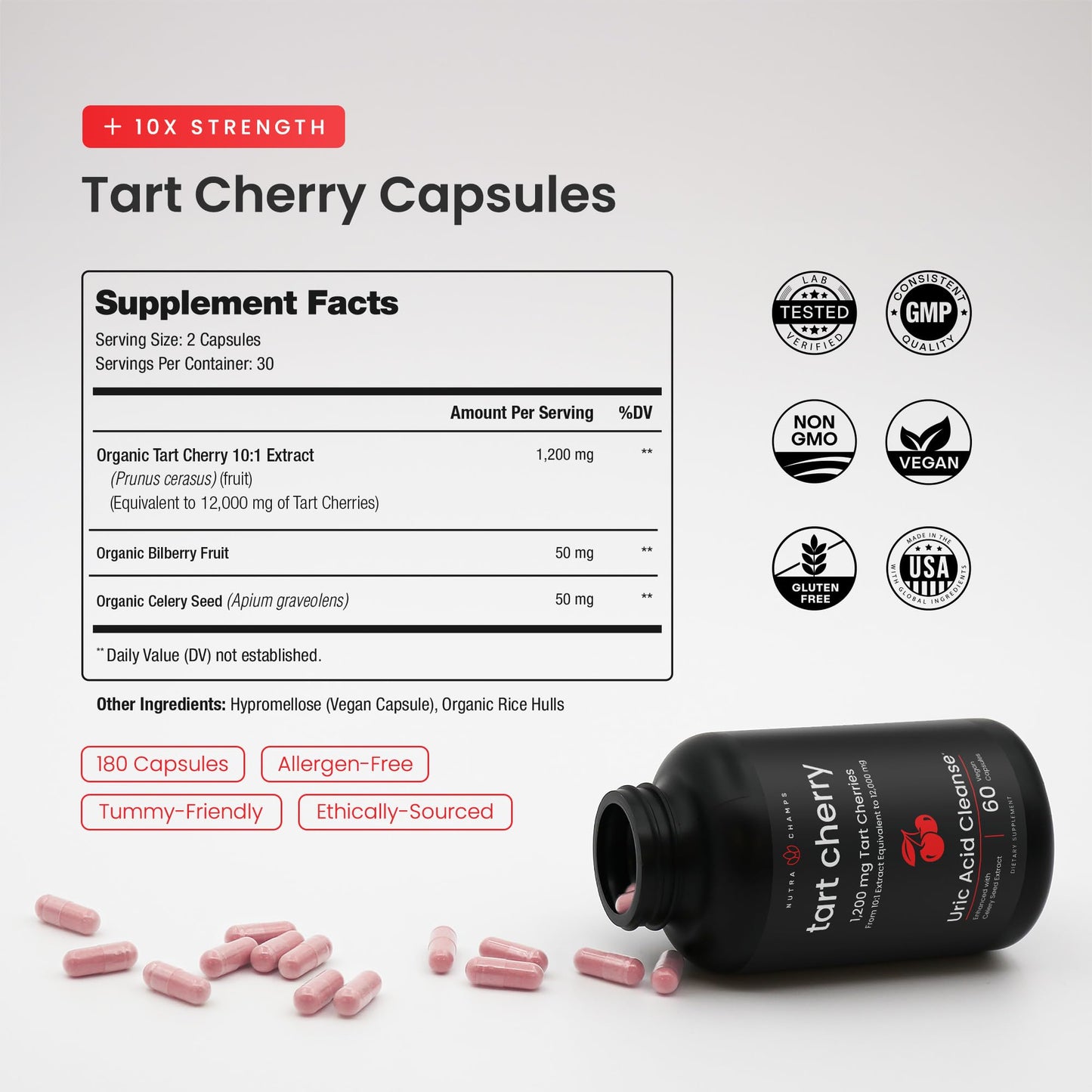 NutraChamps Organic Tart Cherry Extract Capsules - Made from Montmorency Tart Cherry Concentrate, Celery Seed & Bilberry - Supports, Sleep, Uric Acid Levels & Joint Health - 60 Vegan Capsules