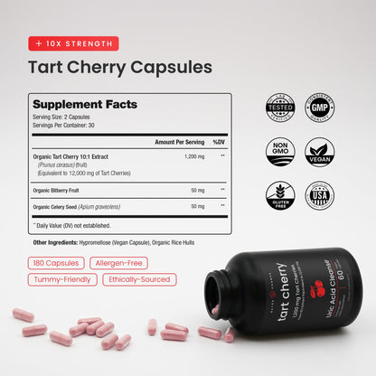 NutraChamps Organic Tart Cherry Extract Capsules - Made from Montmorency Tart Cherry Concentrate, Celery Seed & Bilberry - Supports, Sleep, Uric Acid Levels & Joint Health - 60 Vegan Capsules