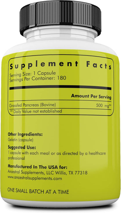 Ancestral Supplements Grass Fed Beef Pancreas Supplement, 500mg, 180 Ct | Pancreas support formula with proteolytic digestive enzymes, including trypsin, promotes healthy digestion.
