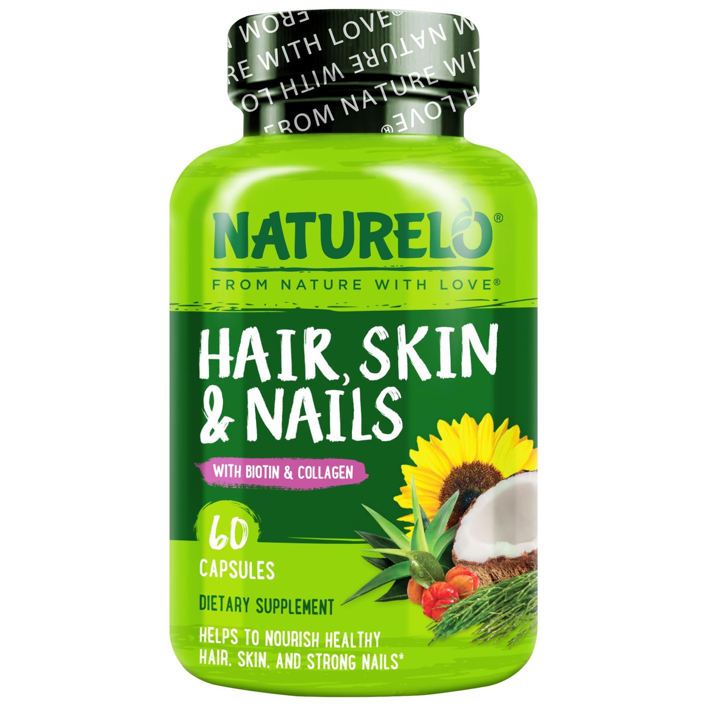 NATURELO Hair, Skin and Nails Vitamins - 5000 mcg Biotin, Collagen, Natural Vitamin E - Supplement for Healthy Skin, Hair Growth for Women and Men – 60 Capsules