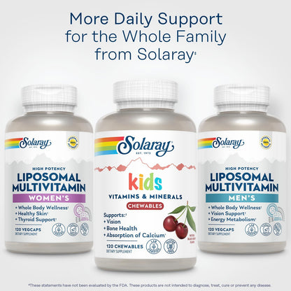 SOLARAY Kid's Vitamins & Minerals, Multivitamin for Kids - Bones, Vision, Heart Health Support w/Vitamin C, Vitamin D and B2, Iron - Gluten Free, 120 Black Cherry Chewables, 60 Servings