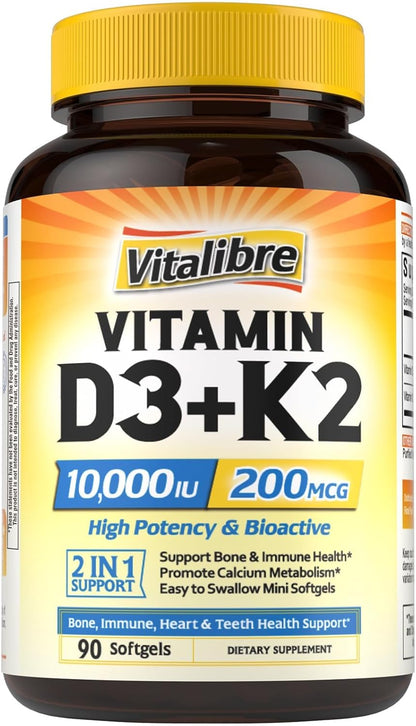 Vitalibre Vitamin D3 K2 Supplement, Vitamin D3 10000 IU & 200 mcg K2 MK7 | Enhanced Calcium Absorption, Bone, Heart, Immune & Mood Support, No Soy, Easy to Swallow, 90 Softgels