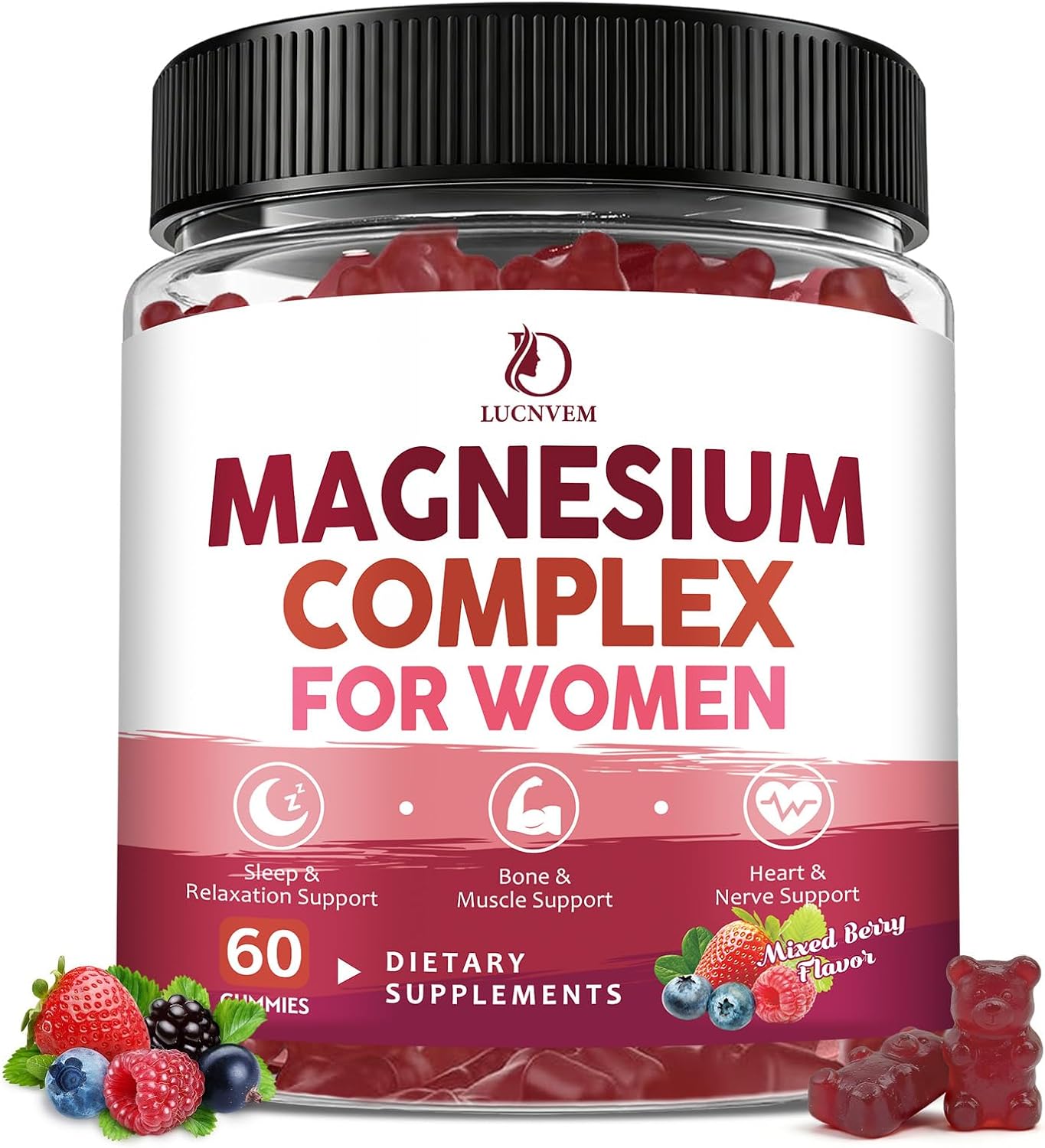 Magnesium Complex Gummies for Women, Triple Magnesium Complex with Glycinate, Malate, Taurate, Magnesium Complex 350 mg with L-theanine & Glycine for Relax, Sleep, Immune Support, Sugar Free, 60 Ct