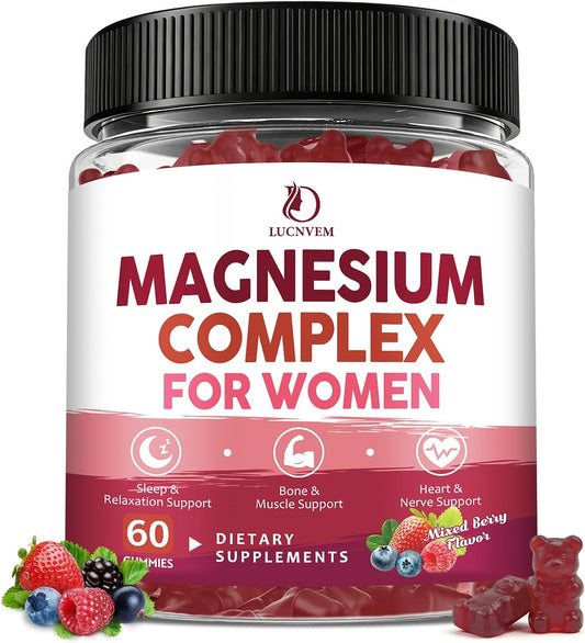 Magnesium Complex Gummies for Women, Triple Magnesium Complex with Glycinate, Malate, Taurate, Magnesium Complex 350 mg with L-theanine & Glycine for Relax, Sleep, Immune Support, Sugar Free, 60 Ct