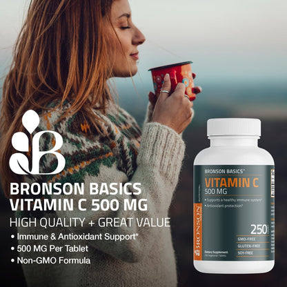 Bronson Vitamin C 500 mg Immune & Antioxidant Support, Non-GMO, 250 Tablets | Daily Vitamin C Replenishment, Vegetarian Formula, Gluten-Free & Soy-Free