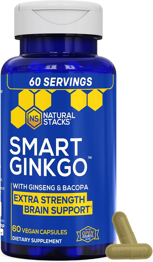 Ginkgo Biloba Supplement w/ Ginseng 200mg & Bacopa Monnieri - 60 Capsules | Brain Supplement for Memory and Focus - Panax Ginseng for Men & Women - Non-GMO & Gluten Free - Natural Stacks