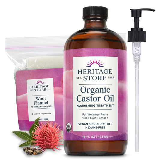 HERITAGE STORE Organic Castor Oil - Glass Bottle - Nourishing Treatment for Hair and Skin - Eyelash Serum for Eyelashes, Brows, Castor Oil Packs - Cold Pressed, Hexane Free, Vegan 16oz