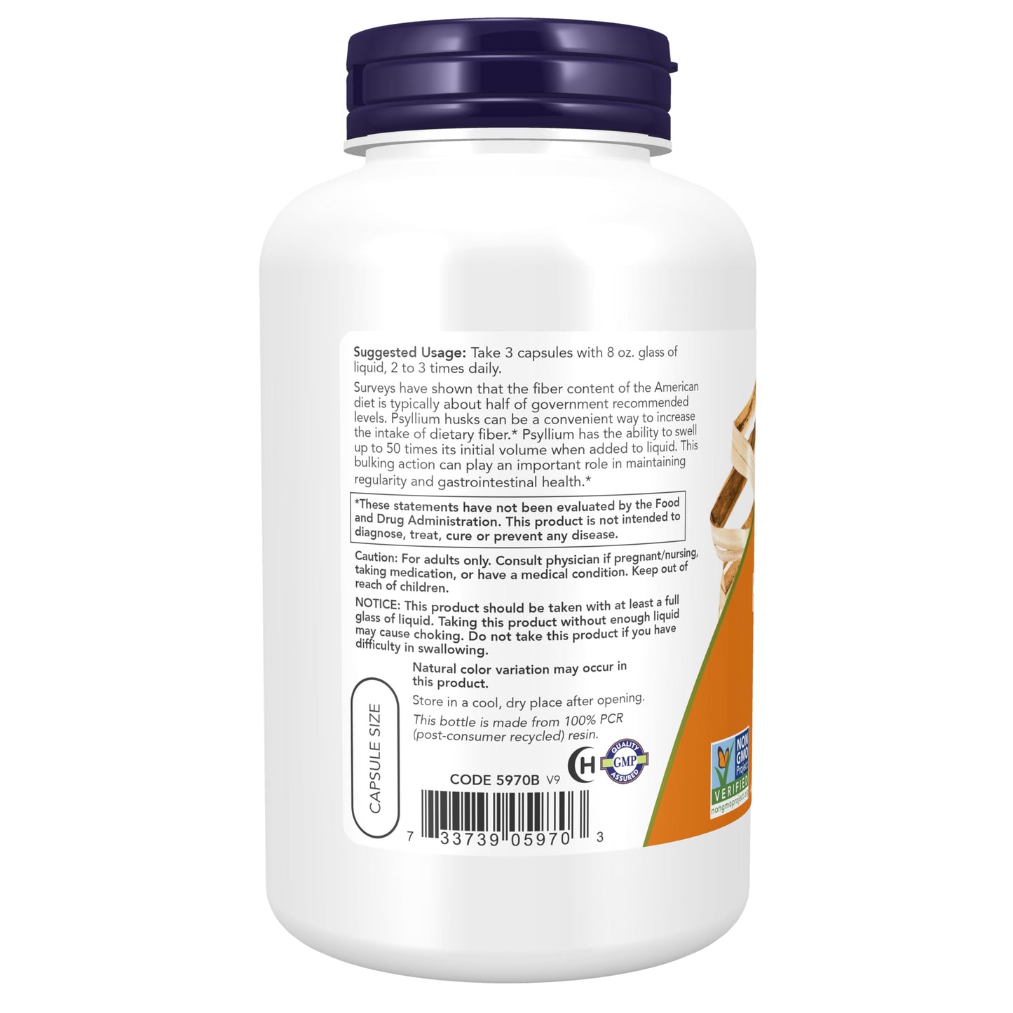 NOW Foods Supplements, Psyllium Husk Caps 500 mg, Non-GMO Project Verified, Natural Soluble Fiber, Intestinal Health*, 500 Veg Capsules