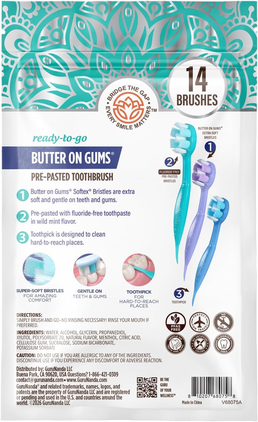 GuruNanda Disposable Travel Toothbrush 1.0, Fluoride Free Toothpaste, 70 ct