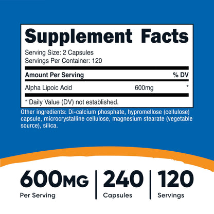 Nutricost Alpha Lipoic Acid 600mg Per Serving, 240 Capsules | Gluten Free, Vegetarian Capsules, Soy Free & GMO-Free