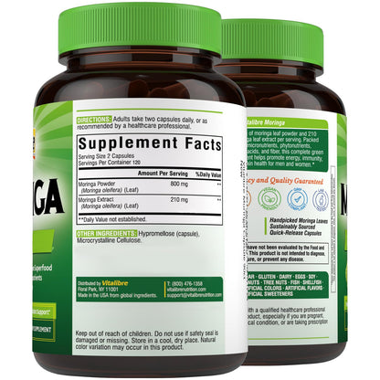 Moringa 1,010 mg, Maximum Potency, Complete Green Superfood, Rich in Antioxidants, No Gluten & Caffeine, Non-GMO, Energy, Immune, Gut & Skin Health, 90 Vegan Capsules