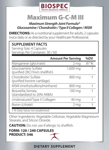 BIOSPEC NUTRITIONALS Maximum G-C-M III - glucosamine, chondroitin, MSM, Boswellia (20% AKBA) (240)