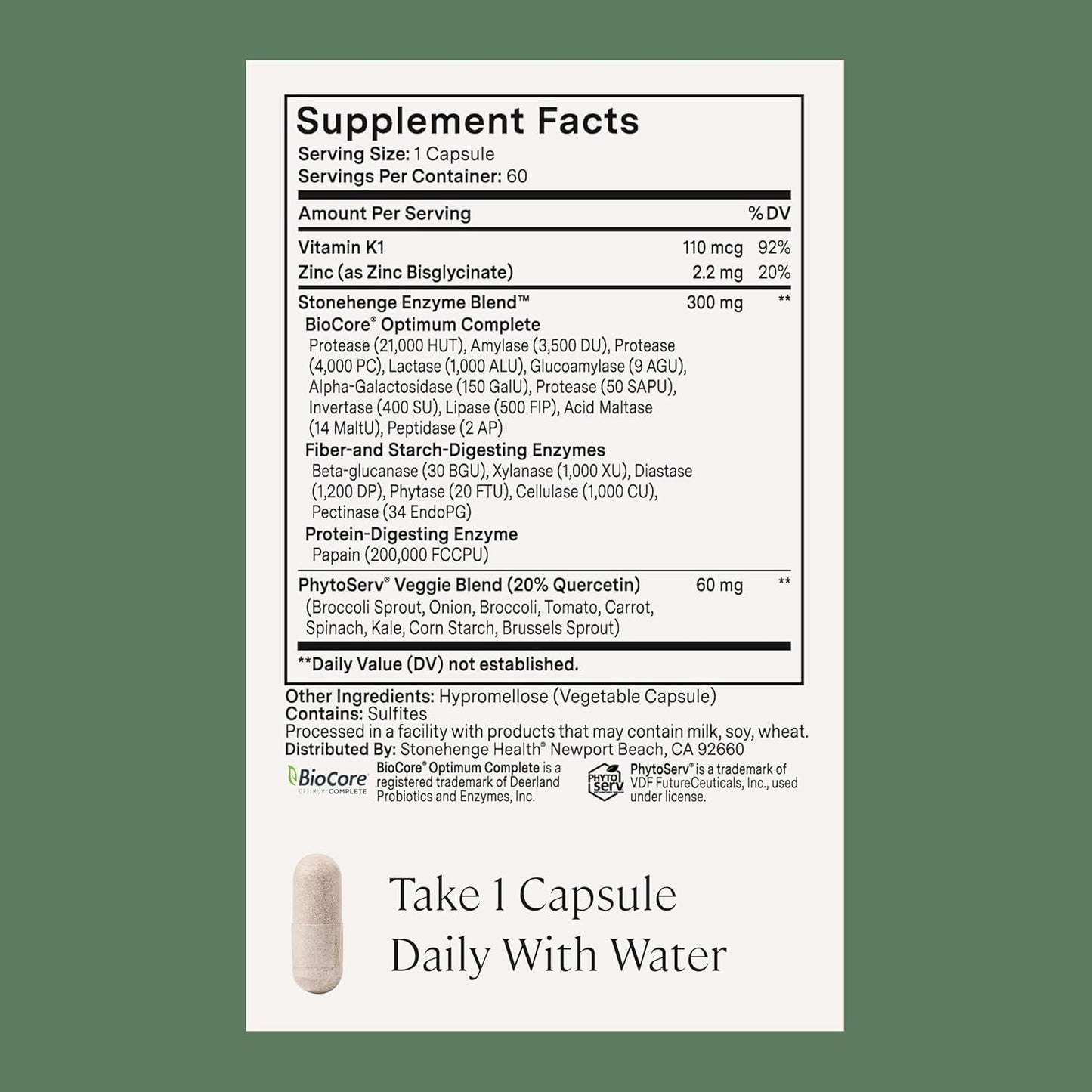Stonehenge Health Dynamic Digestive Enzymes – 18 Enzymes with (Protease, Lipase, Amylase, Lactase) + Zinc & Vitamin K1 + Gas & Bloating Support – 60 Capsules