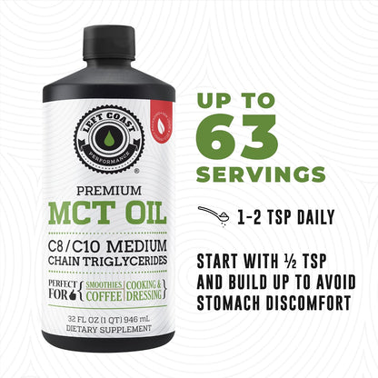 100% Coconut MCT Oil Liquid - MCT Oil C8 C10 for Sustained Mental Energy & Focus Support Great for Smoothies Salads Coffee & More - Palm Free Vegan Keto & Paleo Friendly 60+ Servings (32 Fl Oz)