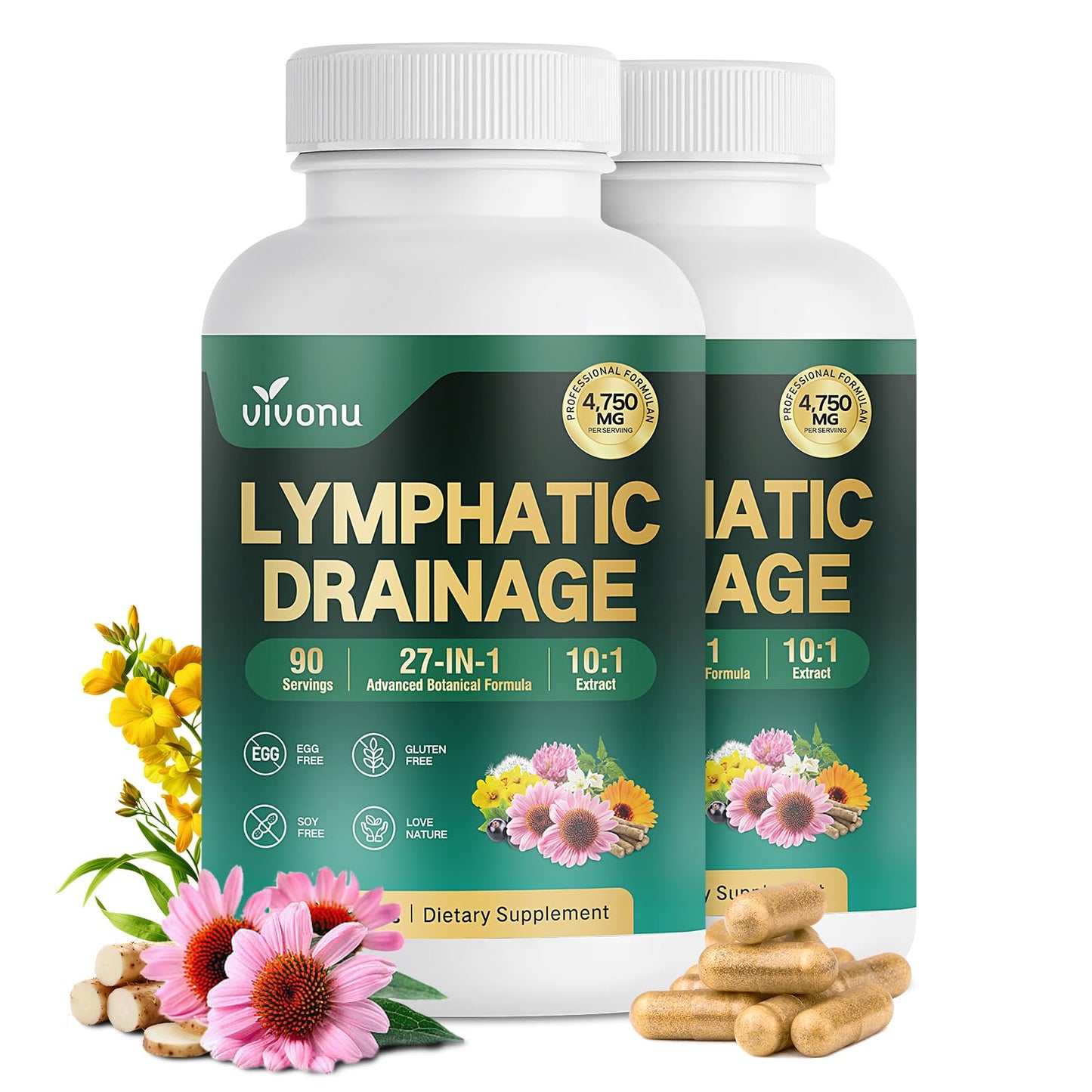 VivoNu 27-in-1 Liposome Lymphatic Drainage Supplements, 90 Day Supply with Echinacea, Chlorophyll, Dandelion, Burdock, Mullein Leaf Extract for Lungs, 10:1 Concentrated Technology, 90 Capsules