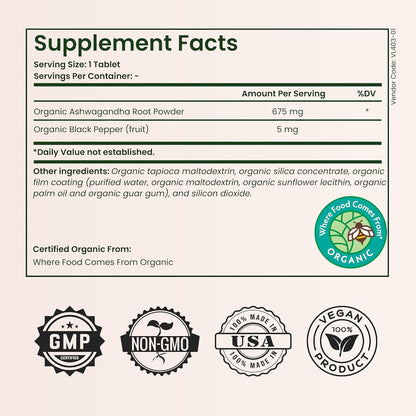 Ashwagandha 675mg - Organic Ashwagandha Supplement for Men & Women - Non-GMO Premium Adaptogen Herbal Supplement for Stress Management Support Restful Sleep Daily Energy & Focus Wellness Tablets