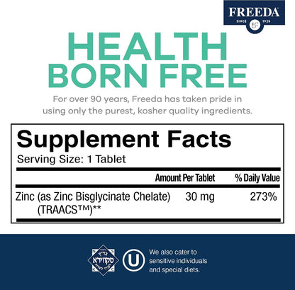 Freeda Chelated Zinc 30mg – TRAACS® Zinc Bisglycinate for High Absorption – Vegan, Kosher, Gentle on Stomach – Immune Support for Adults, Men & Women – 100 Tiny Tablets | For Adult Men & Women – High Absorption Formula – Antioxidant Support, Gentle on Sto