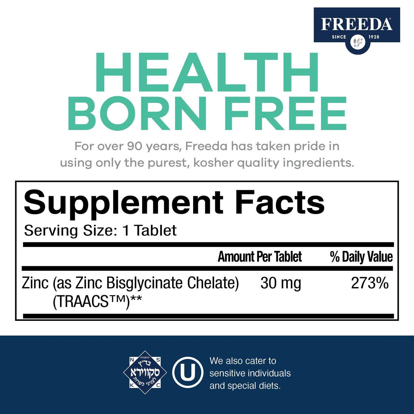 Freeda Chelated Zinc 30mg – TRAACS® Zinc Bisglycinate for High Absorption – Vegan, Kosher, Gentle on Stomach – Immune Support for Adults, Men & Women – 100 Tiny Tablets | For Adult Men & Women – High Absorption Formula – Antioxidant Support, Gentle on Sto
