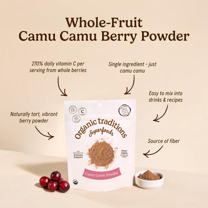 Organic Traditions Camu Camu Powder Organic, Camu Camu Powder from Amazon Superfruit, Rich in Wholefood Vitamin C, Bright Tangy Superfood Ingredient for Smoothies, Plant Based Non GMO, 100g / 3.5oz