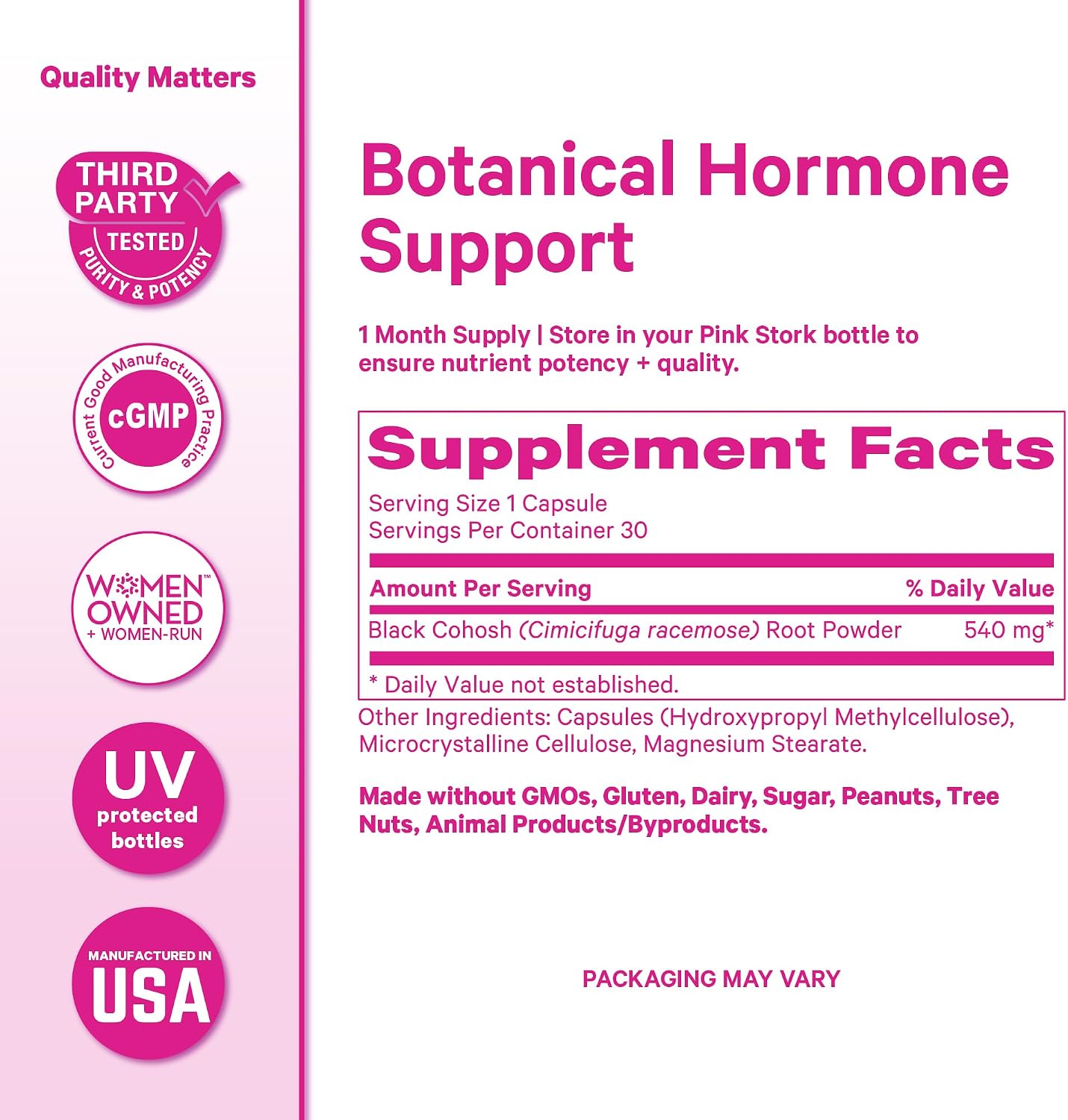 Pink Stork Black Cohosh Supplements for Women, 540 mg, 30 Capsules | Pure Black Cohosh, Supports Hormone Balance for Fertility, Perimenopause + Menopause Comfort