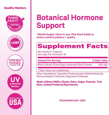 Pink Stork Black Cohosh Supplements for Women, 540 mg, 30 Capsules | Pure Black Cohosh, Supports Hormone Balance for Fertility, Perimenopause + Menopause Comfort