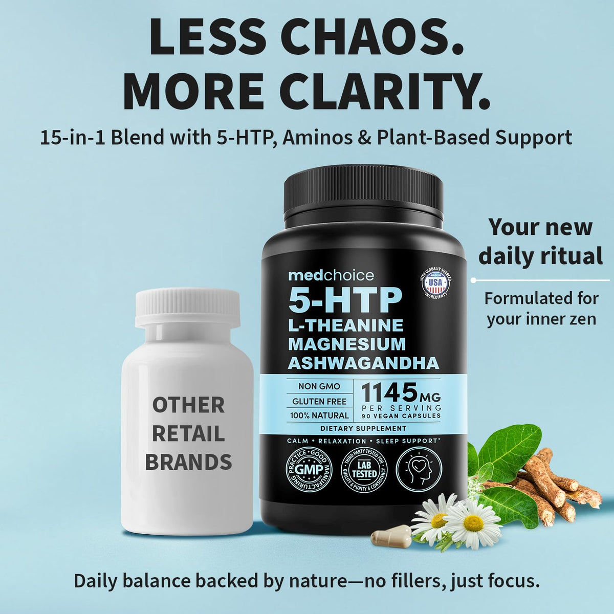 MEDCHOICE 15-in-1 Caffeine-Free Mood Support Supplement - 5HTP 200mg Capsules with L-Theanine, Magnesium, Ashwagandha, GABA, St. John's Wort and L-Tryptophan - 1145mg (90ct, Pack of 3)
