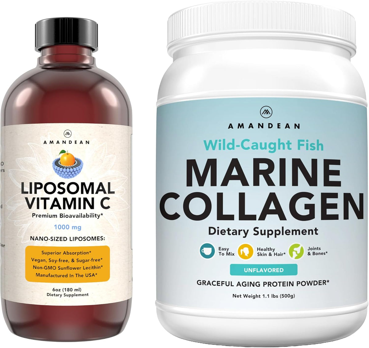 Marine Collagen Powder + Vitamin C - Perfect Skin from Within Combo. Wild-Caught Cod Fish Peptides, Liposomal VIT C Liquid 1000mg. Boost Production and Synthesis for Healthy Aging, Beauty, Wellness.