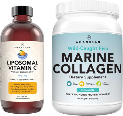 Marine Collagen Powder + Vitamin C - Perfect Skin from Within Combo. Wild-Caught Cod Fish Peptides, Liposomal VIT C Liquid 1000mg. Boost Production and Synthesis for Healthy Aging, Beauty, Wellness.
