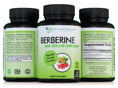 DOCTOR RECOMMENDED SUPPLEMENTS Berberine with Ceylon Cinnamon - 1200mg Berberine & 100mg Organic Ceylon Cinnamon - 120 Veggie Capsules, Healthy Immune System & Gastrointestinal Wellness