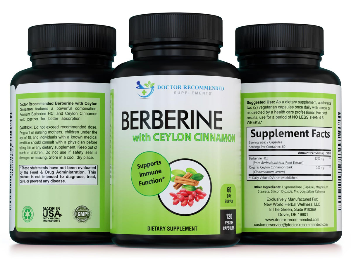 DOCTOR RECOMMENDED SUPPLEMENTS Berberine with Ceylon Cinnamon - 1200mg Berberine & 100mg Organic Ceylon Cinnamon - 120 Veggie Capsules, Healthy Immune System & Gastrointestinal Wellness