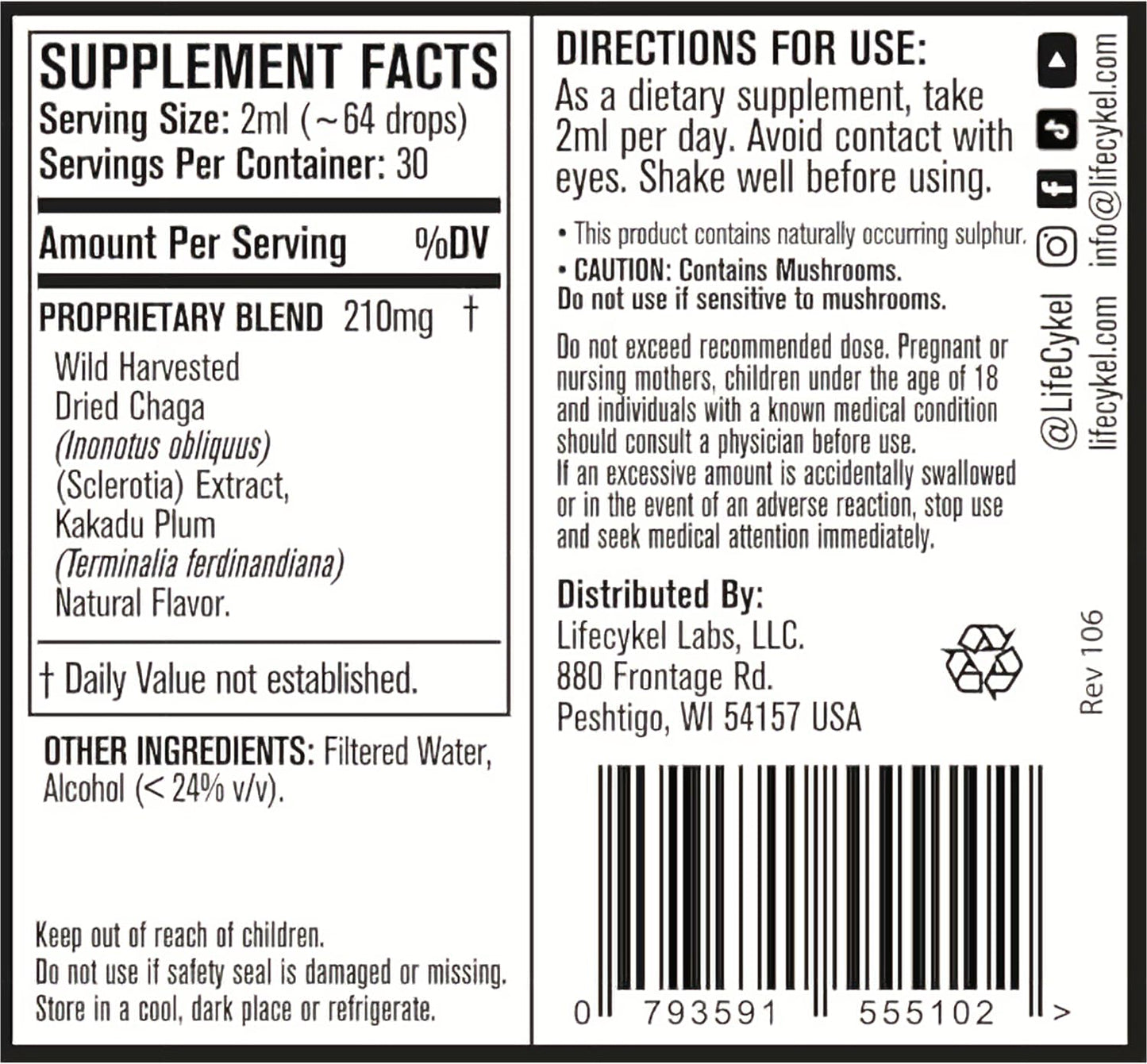 Life Cykel - Chaga Mushroom Extract with Kakadu Plum - Double Extracted Mushroom Tincture - Non-GMO Immune Support Supplement for Adults and Kids - 1 Fl Oz