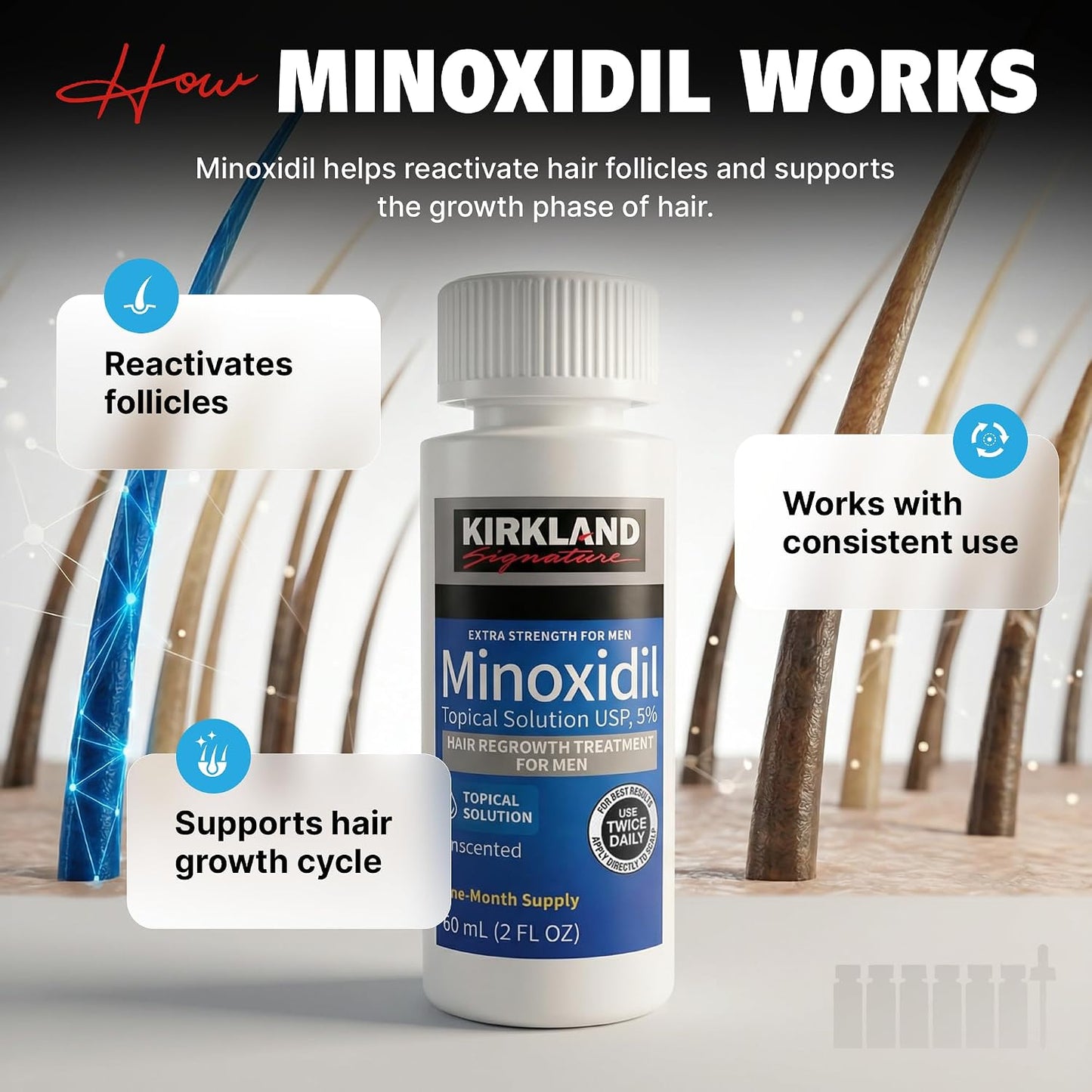 Kirkland Minoxidil for Men Liquid, Extra Strength Hair Regrowth Treatment 5%, 6 Months Supply - Upgraded Dropper Applicator and Bonus Free Guide Included