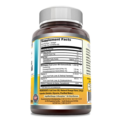Amazing Omega Norwegian Cod Liver Oil 1250 Mg Softgels Supplement | Omega-3, EPA, DHA, Vitamin A, Vitamin D & Vitamin E (Lemon | 120 Count)