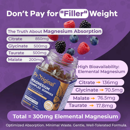 Magnesium Gummies for Stress & Sleep - 300mg Magnesium Complex with Glycinate, Citrate, Malate & Taurate - Supports Relaxation, Muscle & Heart Health - Vegan, Sugar-Free, Non-GMO - 120 Gummies