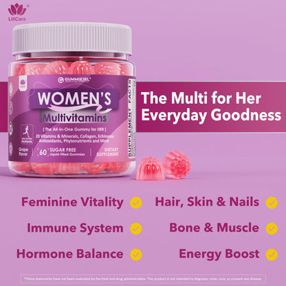 Womens Multivitamin Gummy, Methylated Multivitamin for Women, GLP-1 Friendly, Biotin, Iron, Collagen, Methylfolate, B Complex, Women's Complete Support, Hair Skin and Nails Vitamins, No Sugar, 60 Cts