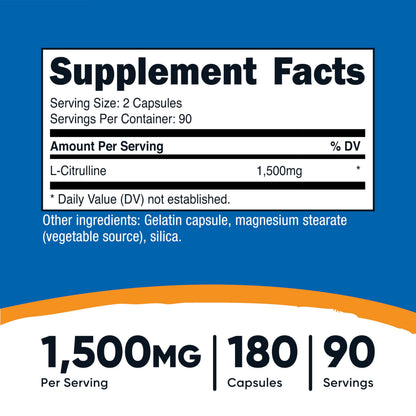 Nutricost L-Citrulline 1500mg, 180 Capsules - 750mg Per Capsule, Gluten Free, Non-GMO, Packaging May Vary