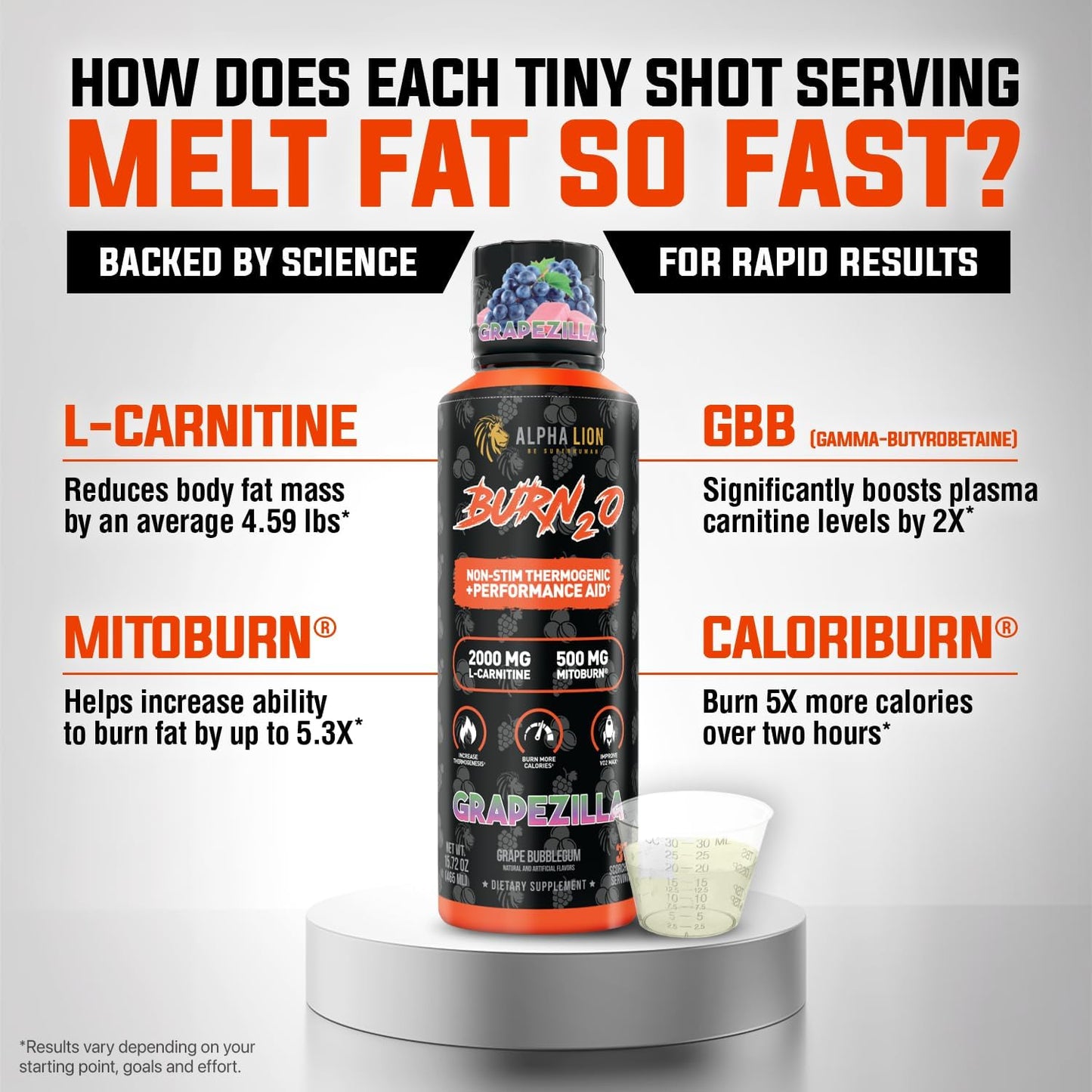 ALPHA LION Burn2O L-Carnitine Liquid 2000mg – Stim Free Super Thermogenic Fat Burner with MitoBurn® & CaloriBurn GP®, Metabolism Booster, Zero Calorie, Sugar-Free (31 Servings, Grapezilla Flavor)
