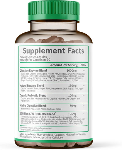 Wholesome Wellness Digestive Enzymes 1000MG Plus Prebiotics & Probiotics Supplement, 180 Capsules, Organic Plant-Based Vegan Formula for Digestion & Lactose with Amylase & Bromelain,3-6 Months Supply