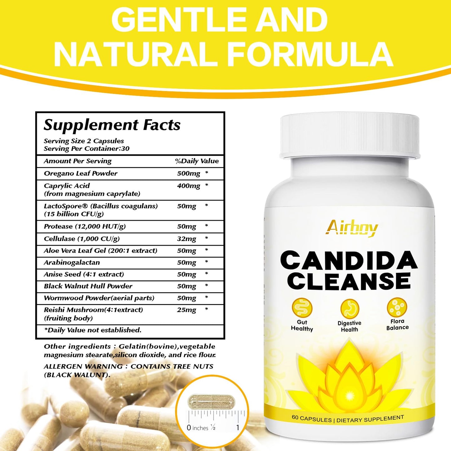 Airboy Candi Support,Gut Colon Cleanse Detox for Women & Men,Candi Support with Oregano Leaf, Caprylic Acid，Wormwood, Black Walnut-60 Counts x 2 Pack