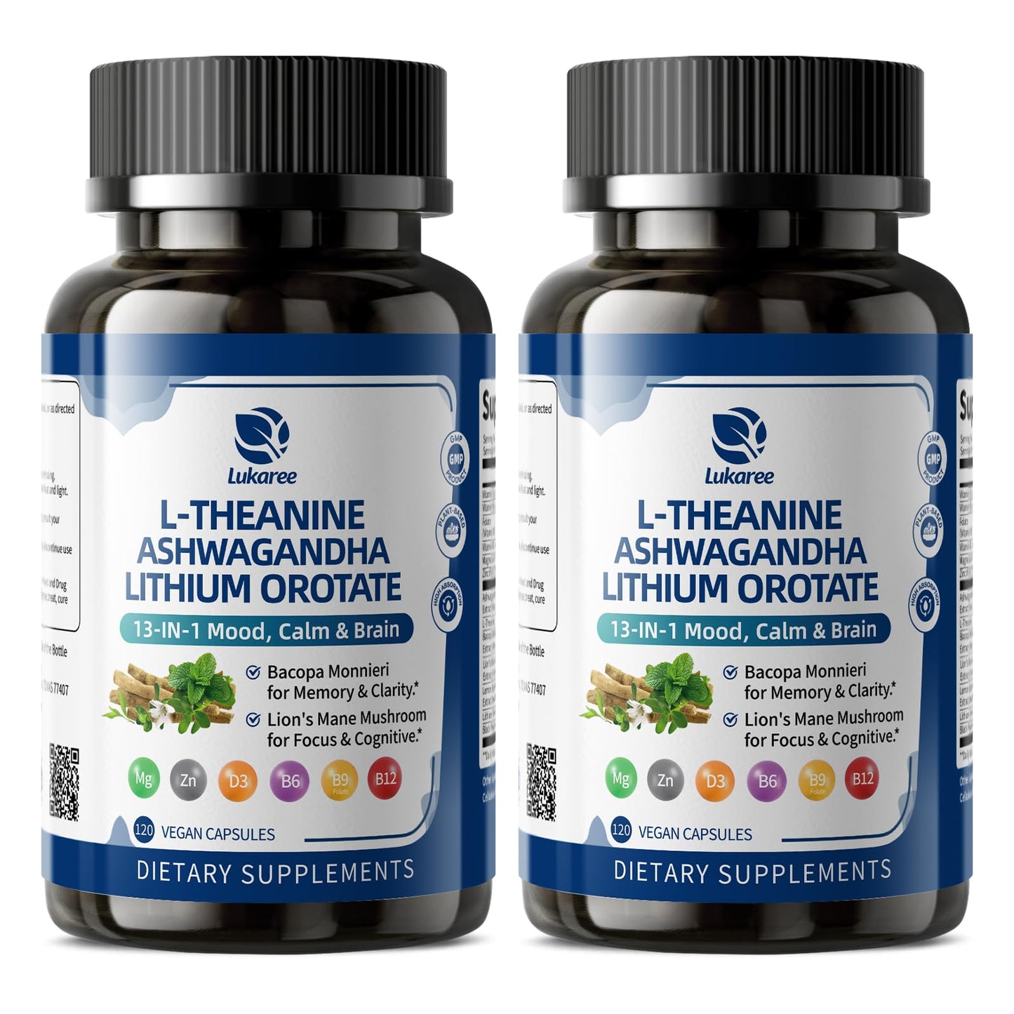 Lithium Orotate 5/10mg, Mood & Brain Supplement, 120 Capsules, 2 Months | 13 in 1 with Ashwagandha, L-Theanine, Bacopa, Lions Mane, Magnesium, Zinc D3 B6 Folate B12 for Calm Focus, Cognitive & Energy