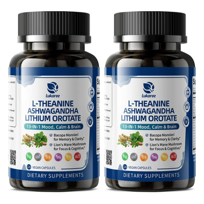 Lithium Orotate 5/10mg, Mood & Brain Supplement, 120 Capsules, 2 Months | 13 in 1 with Ashwagandha, L-Theanine, Bacopa, Lions Mane, Magnesium, Zinc D3 B6 Folate B12 for Calm Focus, Cognitive & Energy