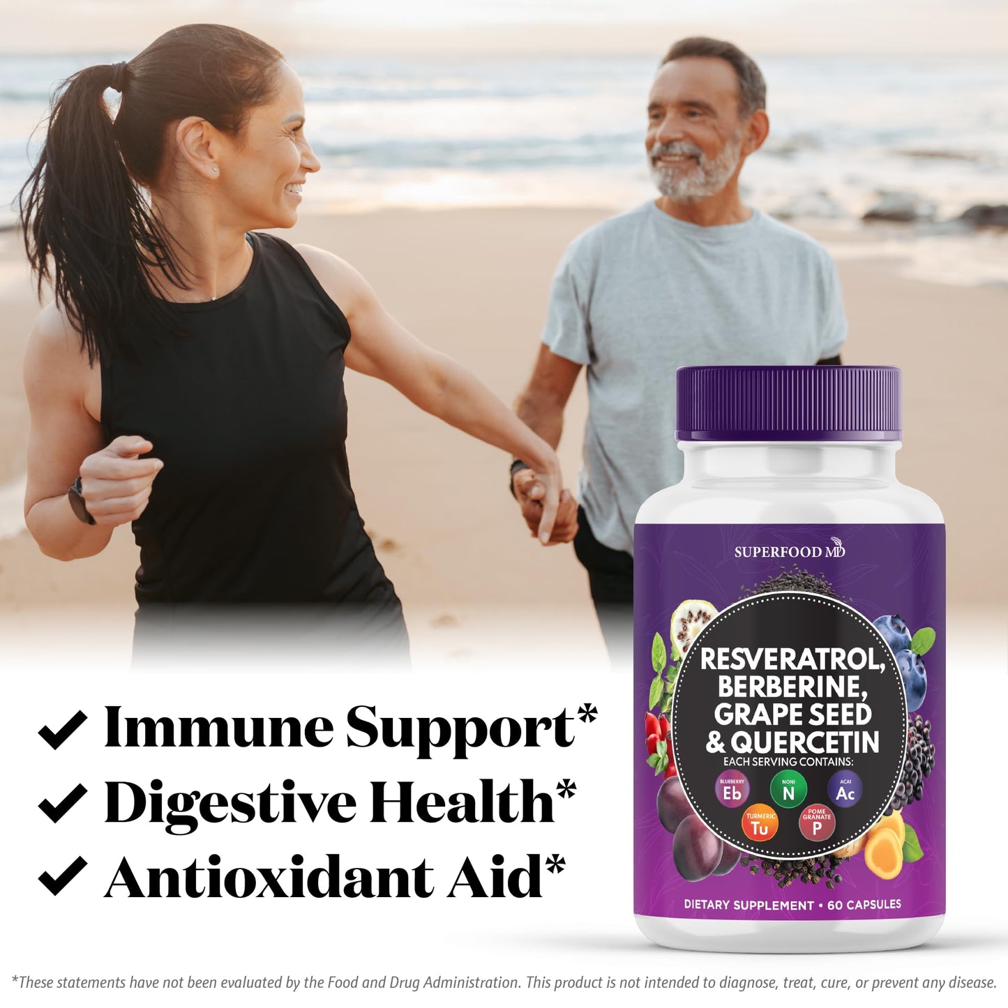 Resveratrol Berberine Grape Seed Extract Quercetin - Polyphenol Supplement with Noni Extract, N-Acetyl Cysteine, Acai Extract - Made in The USA - 120 Capsules