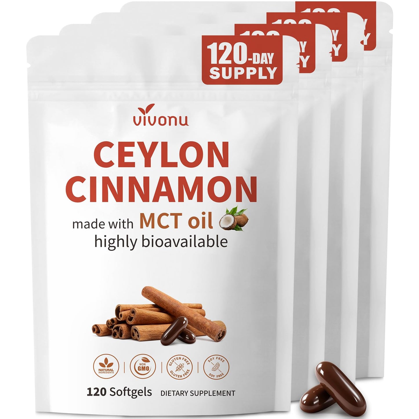 2-in-1 Organic Ceylon Cinnamon with MCT Oil Supplements Softgels, 120 Day Supply, Authentic Sri Lankan Source, Liposome Highly Bioavailable Extract, Energy & Metabolism Support, Large Granule Softgels