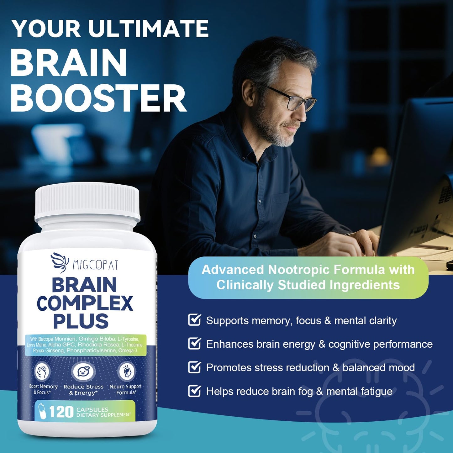 Brain Supplements for Memory and Focus | Nootropic with Bacopa Monnieri, Lion's Mane, Alpha GPC, Ginkgo Biloba | Mental Clarity & Cognitive Support | Vitamin B6 & B12 Neuro Health - Non-GMO, 120 Caps
