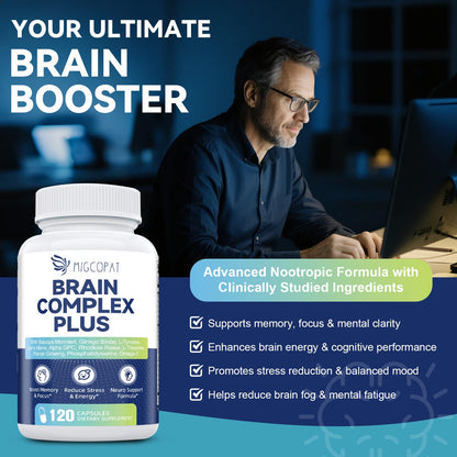 Brain Supplements for Memory and Focus | Nootropic with Bacopa Monnieri, Lion's Mane, Alpha GPC, Ginkgo Biloba | Mental Clarity & Cognitive Support | Vitamin B6 & B12 Neuro Health - Non-GMO, 120 Caps