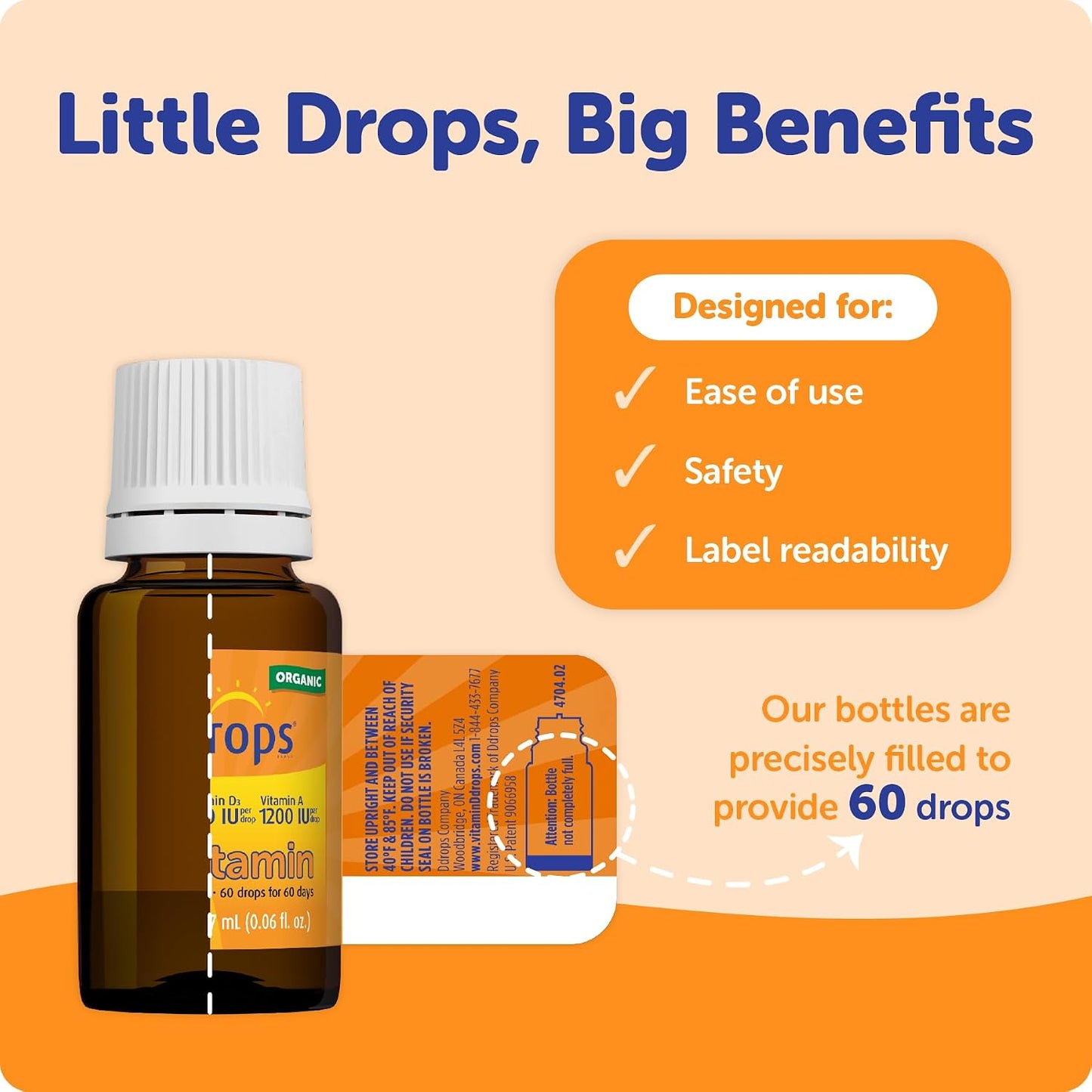 Ddrops® Baby Organic Liquid Vitamins A&D Drops for Infants, 60 Drops. Supports Babies’ Eye Health, Bone Development and Immune Function. Certified Organic, Non-GMOs, Allergy-Friendly