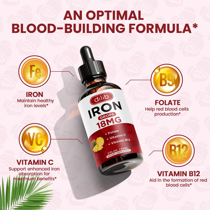 (2 Pack) Liquid Iron Supplement for Women & Men Iron Drops Iron Supplements for Anemia with Folate, Vitamin C, B12 for Red Blood Cell Support-Strawberry, 4 Fl Oz