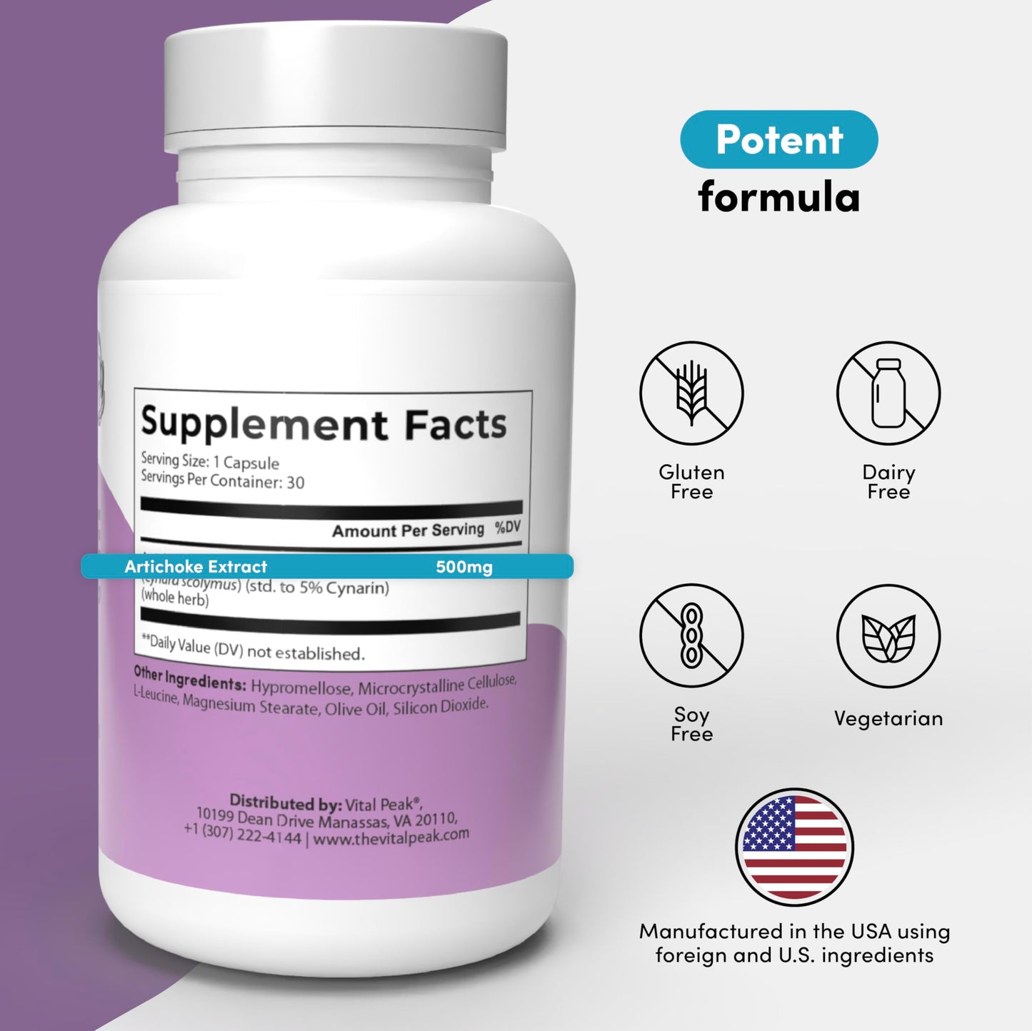 Artichoke 500 mg Supplement - Potent Artichoke Extract Capsules for Liver Health & Digestive Support - Artichoke Leaf Extract Promotes Energy & Focus - 30 Capsules