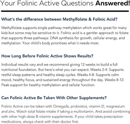 Organic FolinicActive Kids - Folinic Acid + B12, B6 & B2 Cofactors - Gentle Methylation Support for Mood, Energy & Cognition, Age Adjustable Dosing for Kids 1-18, Non GMO, Vegan, Berry Flavor (60mL)