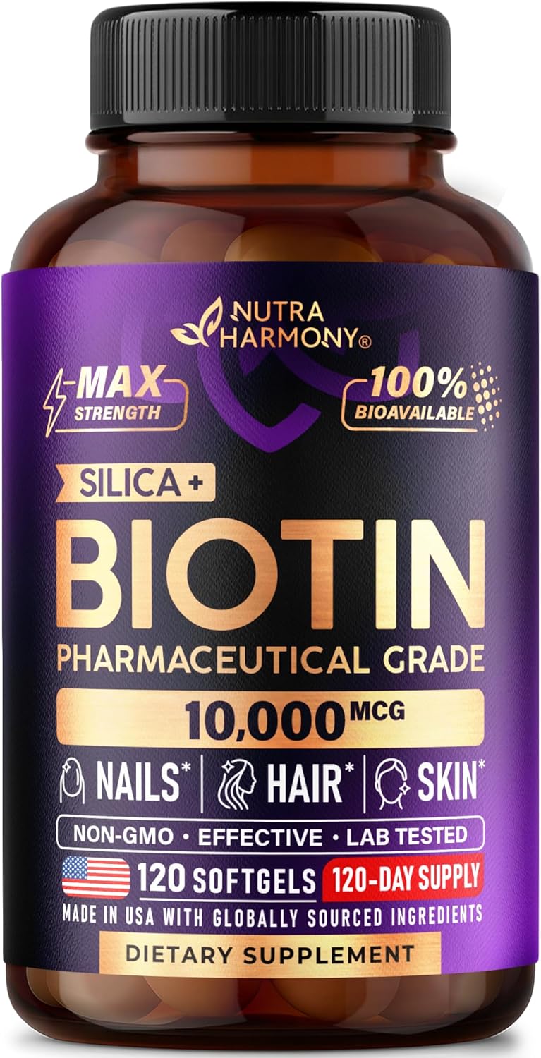 Biotin 10000 mcg with Silicon - Pharmaceutical Grade Biotin Supplement for Women - Hair Growth Support, Skin & Nails - Max Strength & 100% Bioavailability - Lab Tested - 120 Softgels, 120 Days Supply